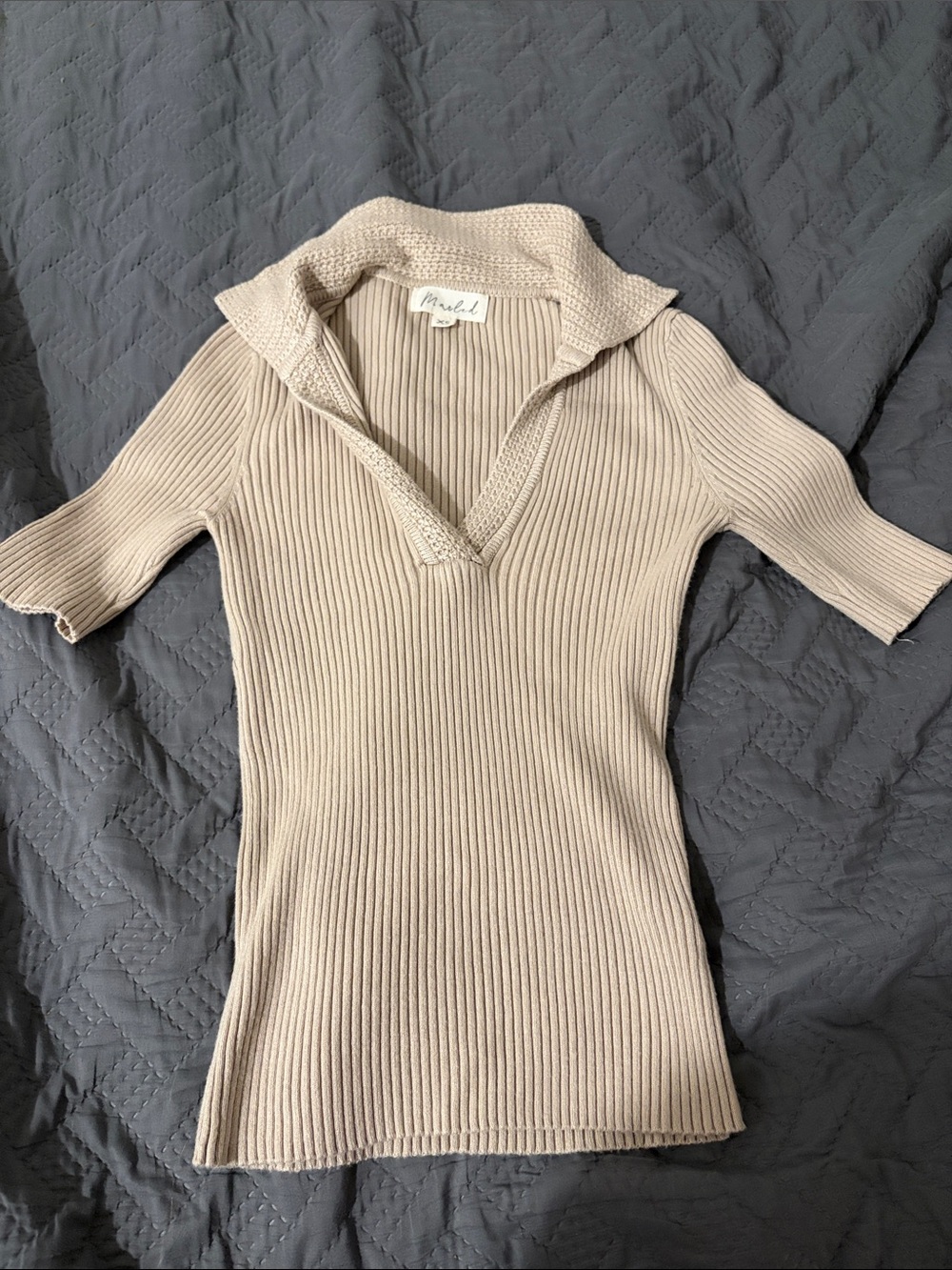 Madewell Neutral Beige Ribbed V-Neck Polo Sweater